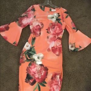 Coral Calvin Klein floral, bell sleeve dress